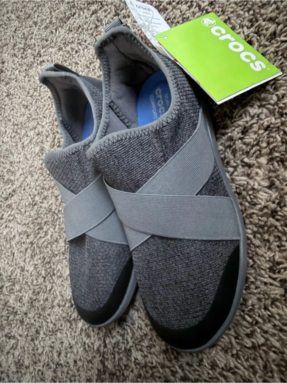 CROCS women’s Gray Slip-On Knit Loafers with Elastic Cross Straps